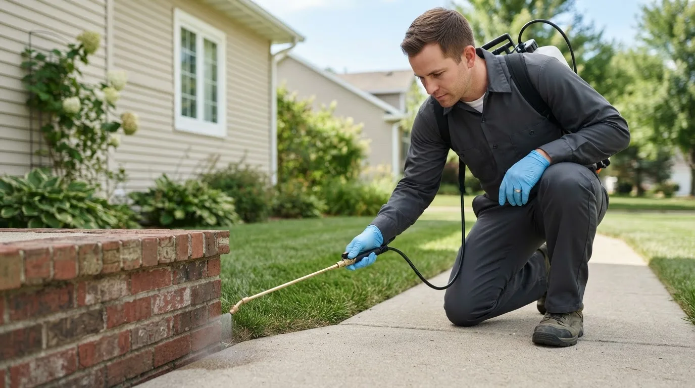 Pest control technician treating a home near Coinjock, NC